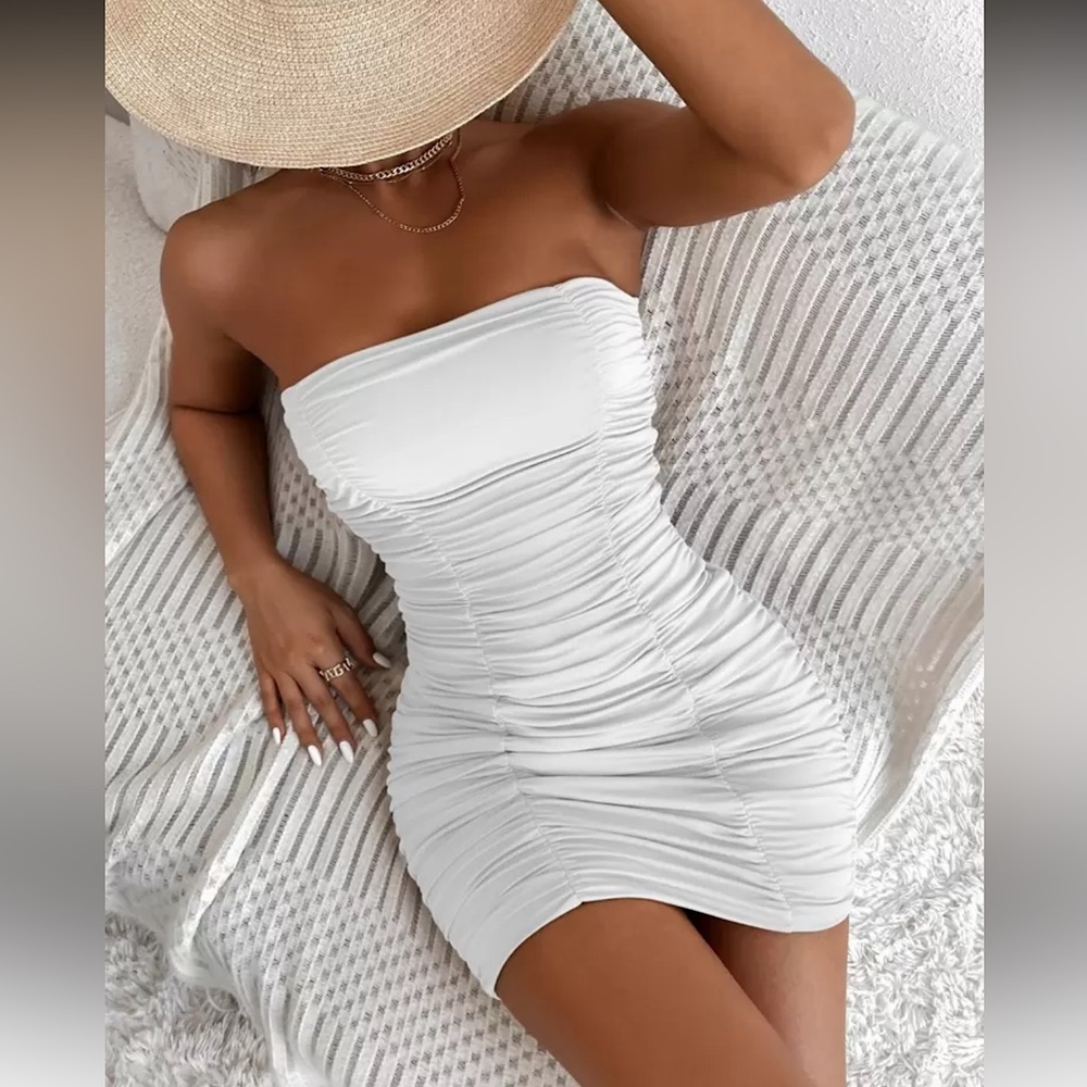 SHEIN White Ruched Strapless Mini Dress Resort Wear